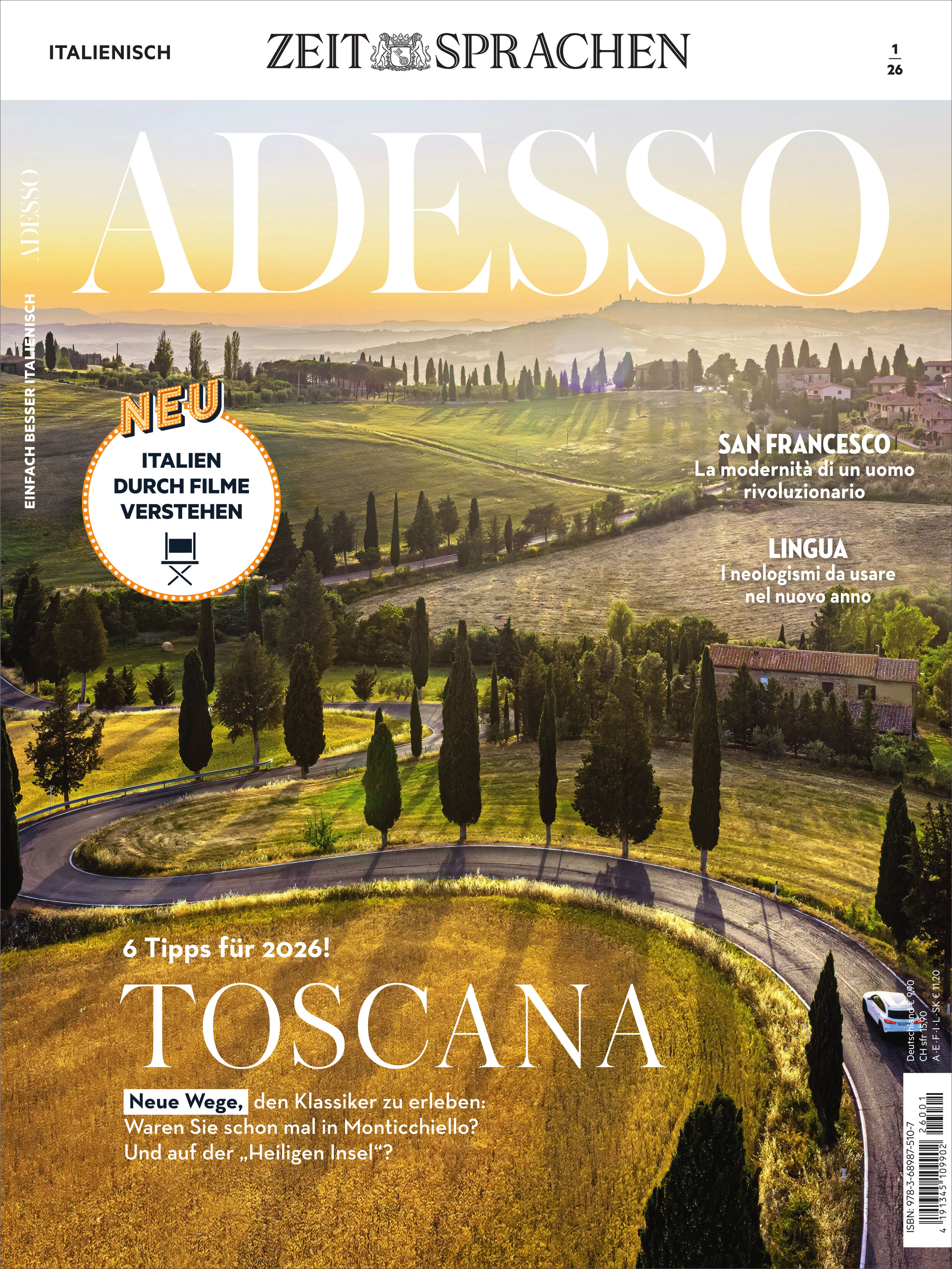 Das Titelblatt des Adesso Magazin 1/2026 vom Spotlight Verlag zeigt ein ansprechendes Layout mit italienischen Motiven. Im Mittelpunkt stehen Überschriften über Umbrien, kulinarische Genüsse und Geschenkideen zu Weihnachten. Italienische Farben und elegante Typografie prägen das Design.