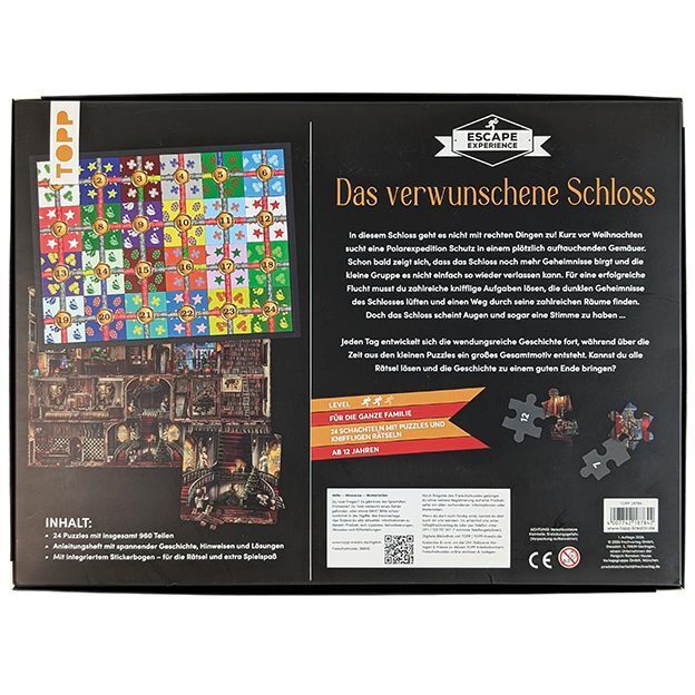 Die Rückseite des Adventskalenders »Das verwunschene Schloss« von TOPP zeigt ein buntes Rätselgitter, ein festlich dekoriertes Schloss-Interieur und Infos zum Produkt. Vorgestellt wird ein Escape-Puzzle-Adventskalender mit 960 Teilen für Kinder und Erwachsene ab 10 Jahren.