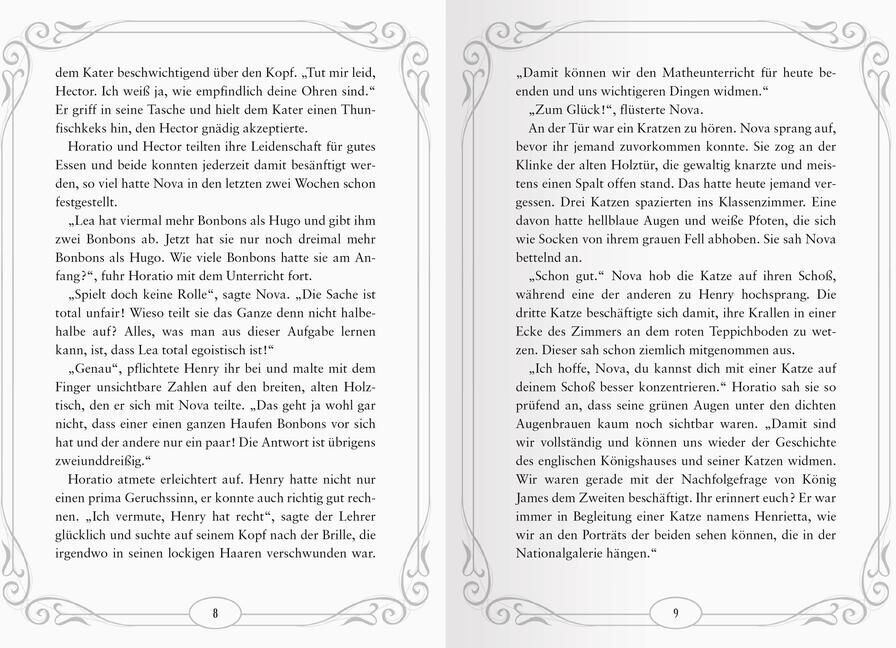 Zwei Seiten aus dem Buch 'Mitternachtskatzen, Band 1: Die Schule der Felidix' von Barbara Laban sind dargestellt. Die Seiten enthalten Text, der in einem dekorativen, floralen Rahmen eingefasst ist.