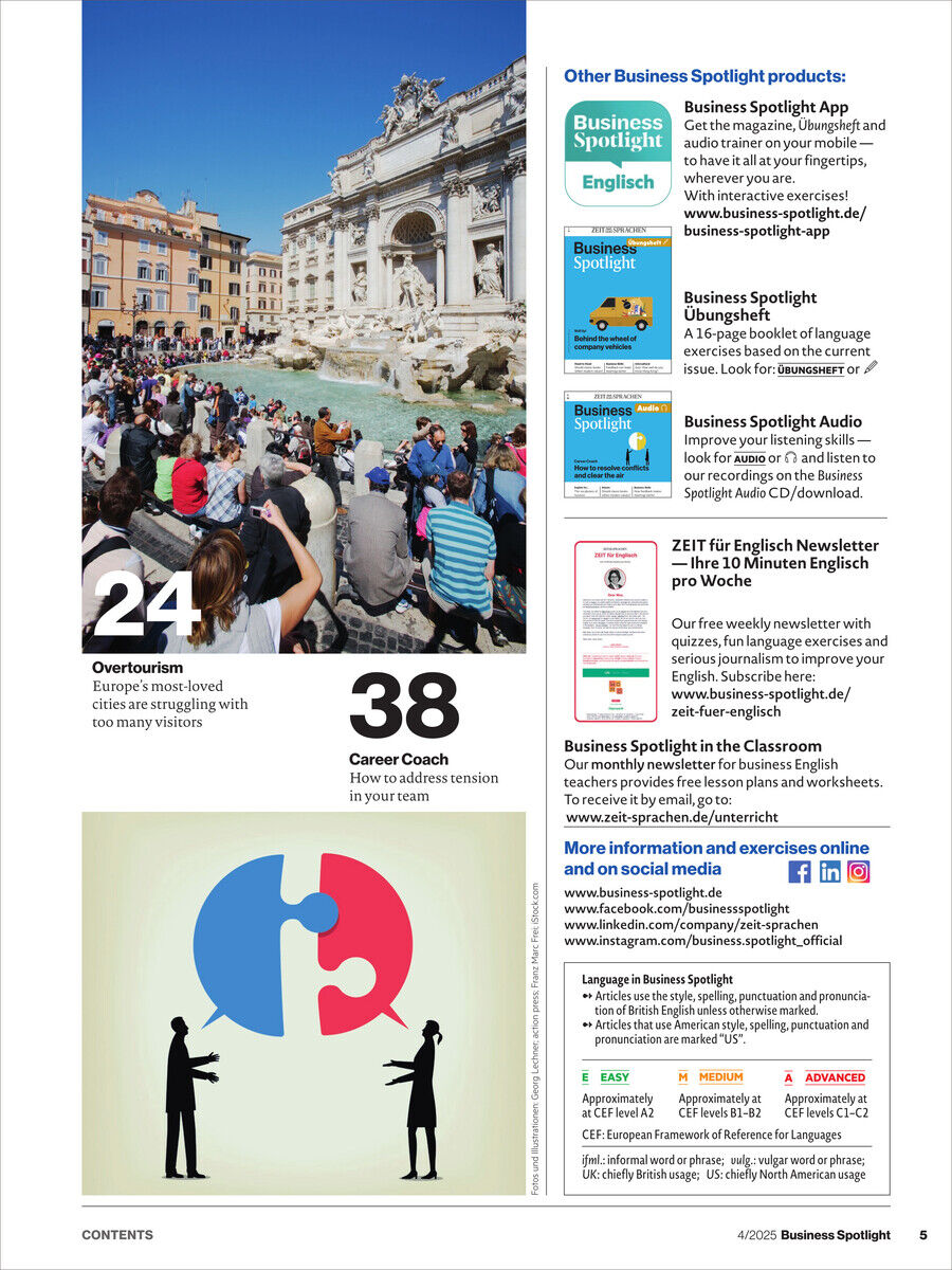 Cover des Business Spotlight Magazins Ausgabe 4/2025, das den Trevi-Brunnen in Rom zeigt, mit Menschen im Vordergrund. Auf der rechten Seite des Covers sind verschiedene Produkte und Angebote des Magazins aufgeführt.