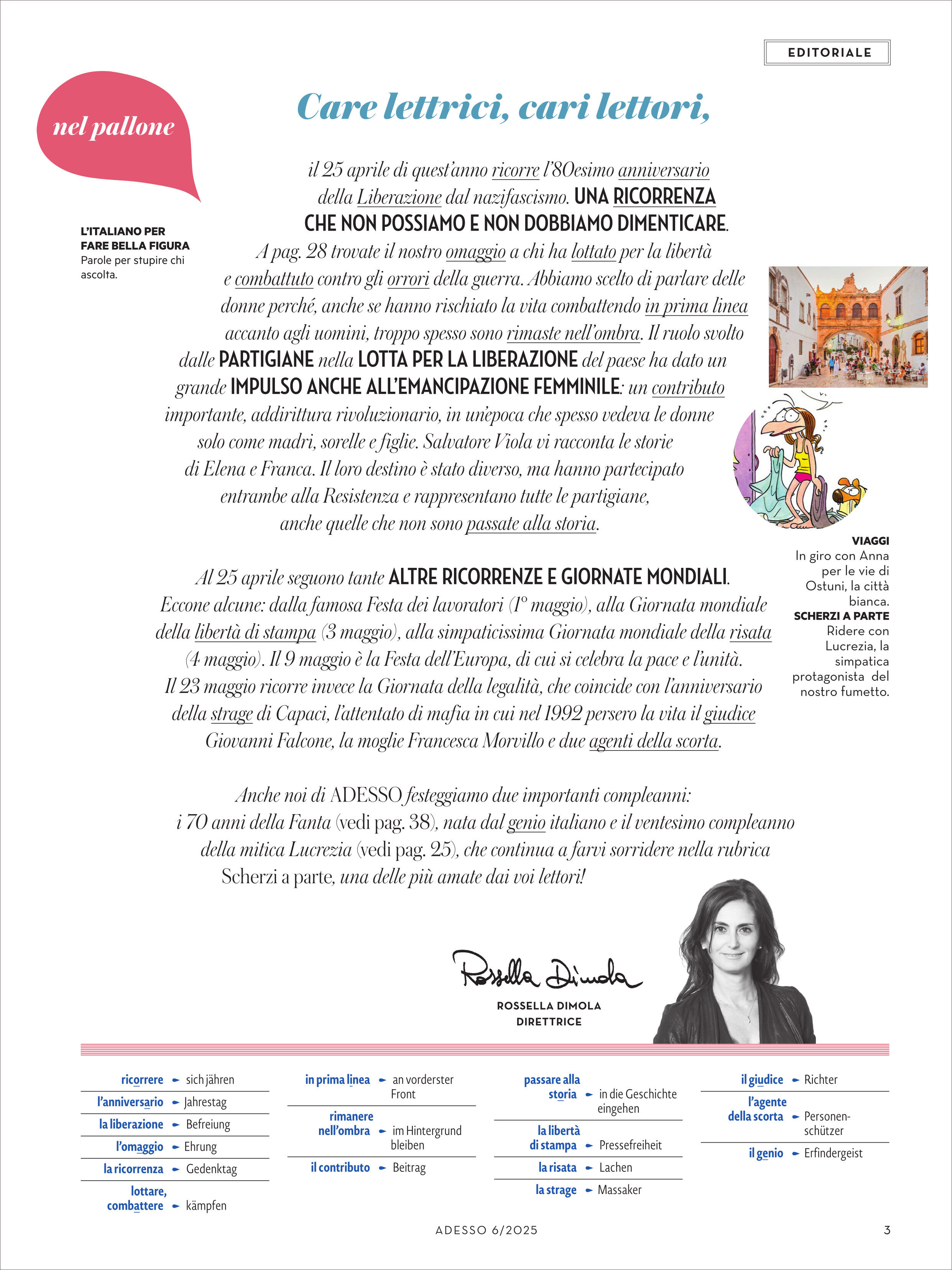 Seite eines Magazins mit redaktionellem Inhalt, einer Kolumne und Illustrationen, die sich mit historischen und kulturrelevanten Themen auseinandersetzen.