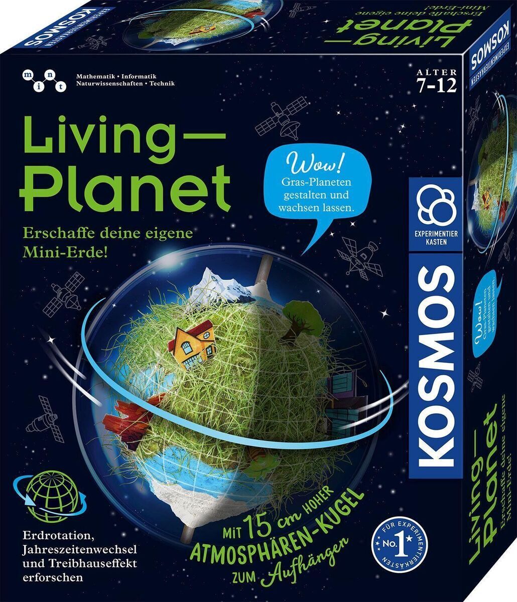 Bild des Produkts 'Living-Planet - Experimentierkasten' von Kosmos. Es zeigt eine Abbildung der Verpackung mit einem Mini-Erde-Modell und verschiedenen Pflanzen, umgeben von einer transparenten Kugel. Die Hauptfarben der Verpackung sind grün, blau, weiß und schwarz.