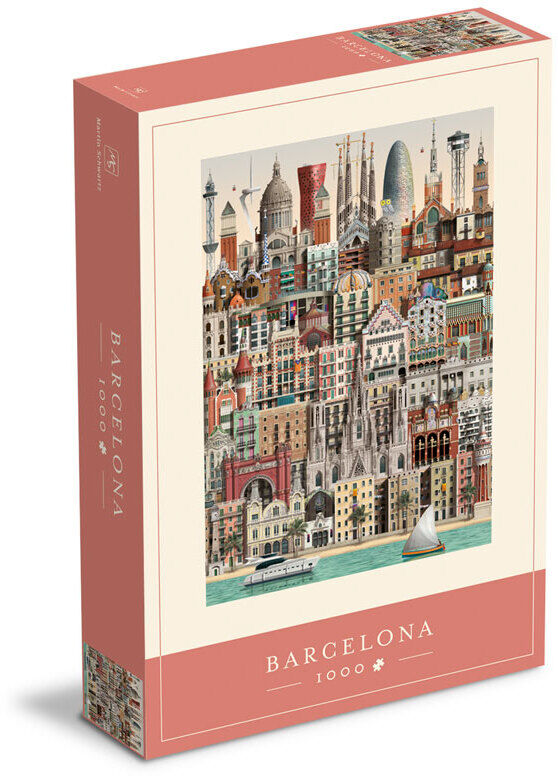 Puzzlebox mit 1000 Teilen zeigt eine detaillierte und lebendige Stadtansicht von Barcelona, mit verschiedenen architektonischen Strukturen und lebhaften Farben.