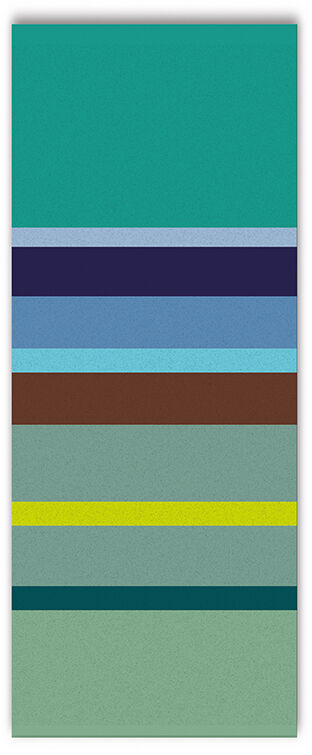 Badetuch mit Streifenmuster in verschiedenen Farben wie Grün, Blau, Gelb, Braun und Aqua.