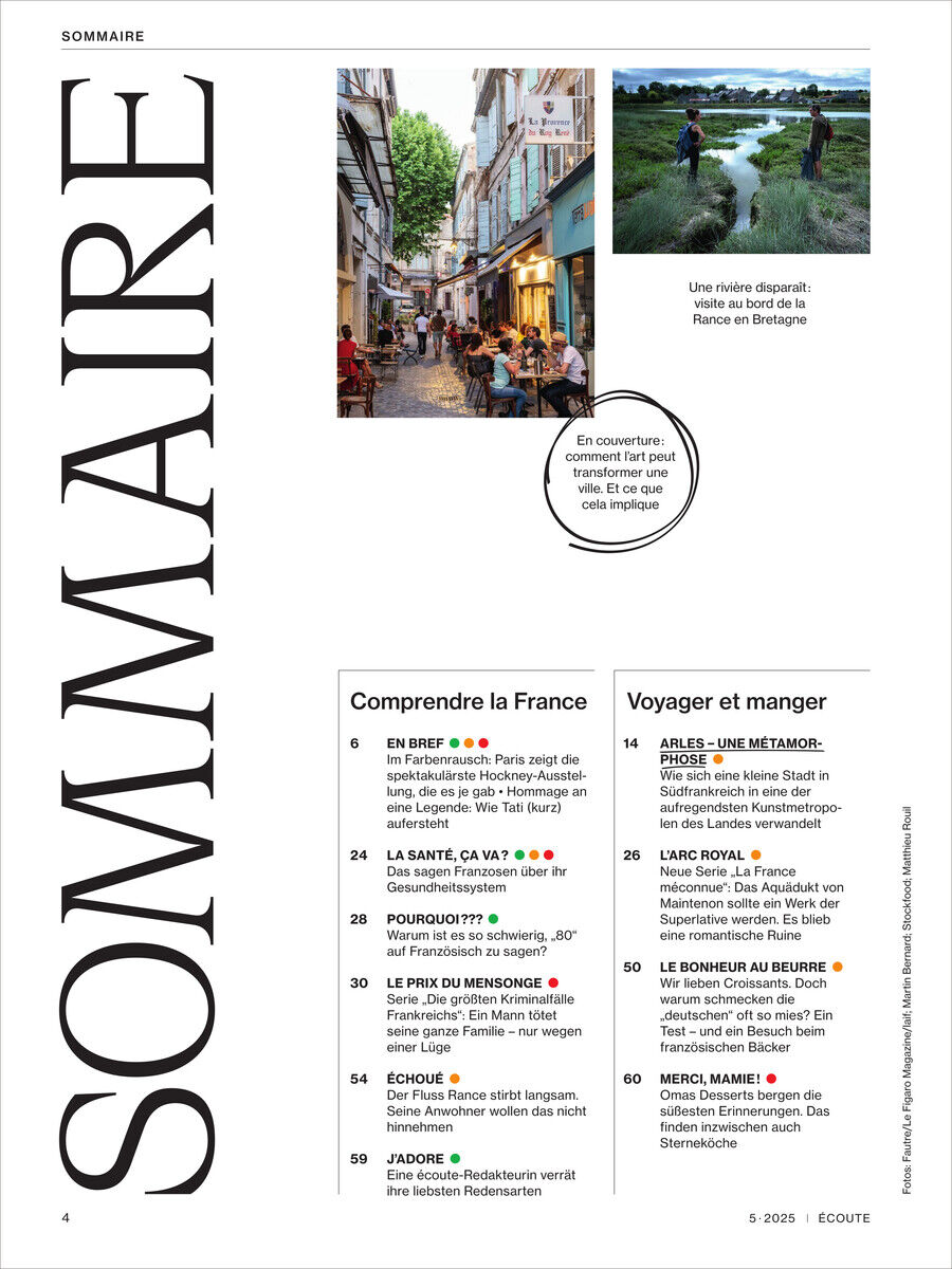Cover des Écoute Magazins 5/2025 mit einem Layout, das eine Straßenansicht und eine Landschaftsszene zeigt. Enthält Inhalte über das Verständnis von Frankreich und Reisetipps.