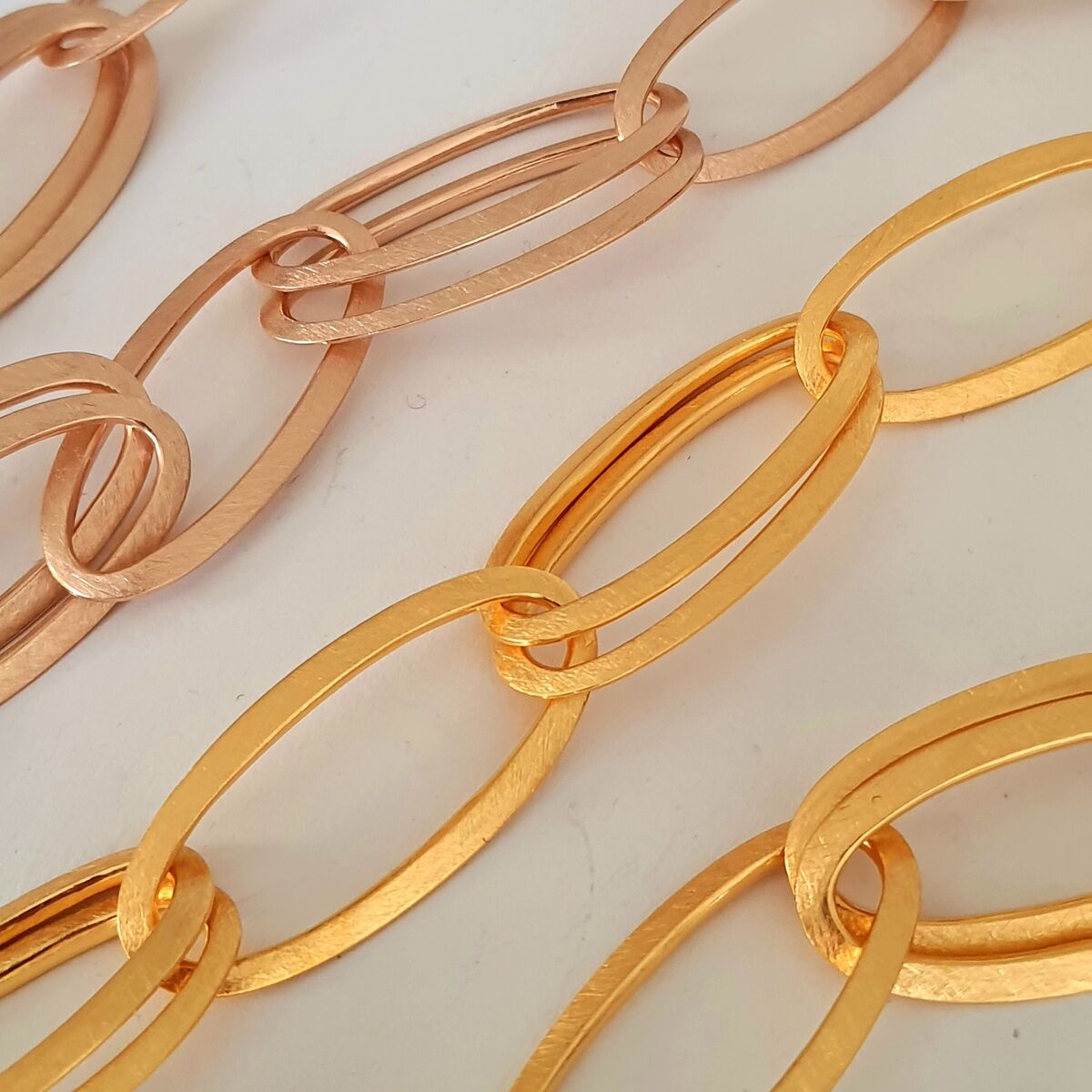 Detailaufnahme dreier Armbänder mit großen Kettengliedern in Roségold und Gold auf einem weißen Hintergrund. Eleganter und minimalistisch gestalteter Modeschmuck.