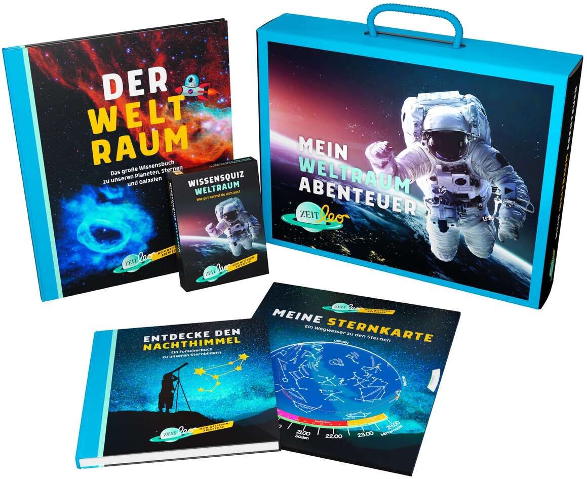 ZEIT LEO-Edition »Mein Weltraum-Abenteuer« enthält mehrere Bücher und Materialien zum Thema Weltraum. Ein Buch trägt den Titel 'Der Weltraum', und ein weiteres heißt 'Entdecke den Nachthimmel'. Eine Sternkarte und ein Handbuch zur Weltraum-Wissens-Quiz sind ebenfalls enthalten. Das Set ist in einer blauen Box mit einem Bild eines Astronauten auf der Vorderseite verpackt.