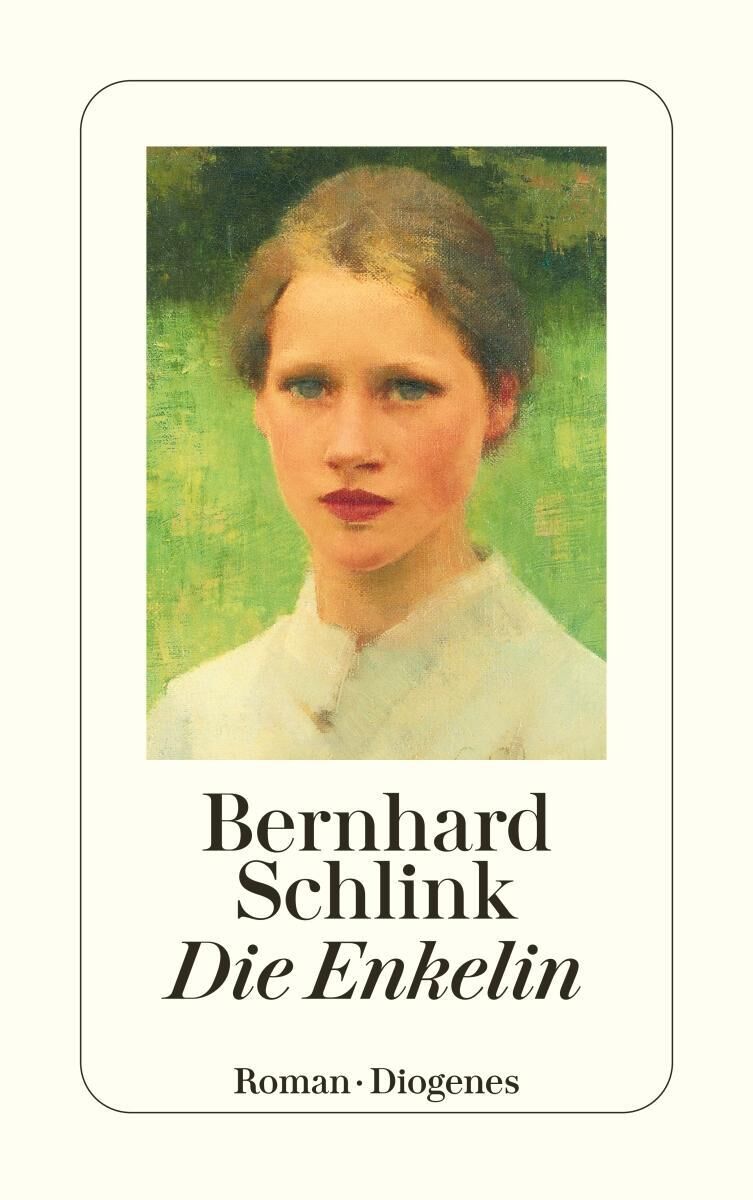 Buchcover von Bernhard Schlink: Die Enkelin. Das Cover zeigt ein gemaltes Porträt einer jungen Frau vor einem grünen Hintergrund. Ganz unten steht in schwarzen Buchstaben der Name des Autors und darunter, ebenfalls in schwarzen Buchstaben, der Buchtitel. Das Cover hat einen schlichten, eleganten Design.