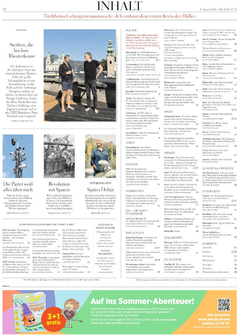 Titelseite der 'DIE ZEIT' Ausgabe 34/2024 mit Artikeln und Bildern, präsentiert in klassischem Zeitungsformat. Oben links ein Artikel über eine politische Diskussion. Unten eine Kinderanzeige. Weißer Hintergrund mit schwarzem und farbigem Text.