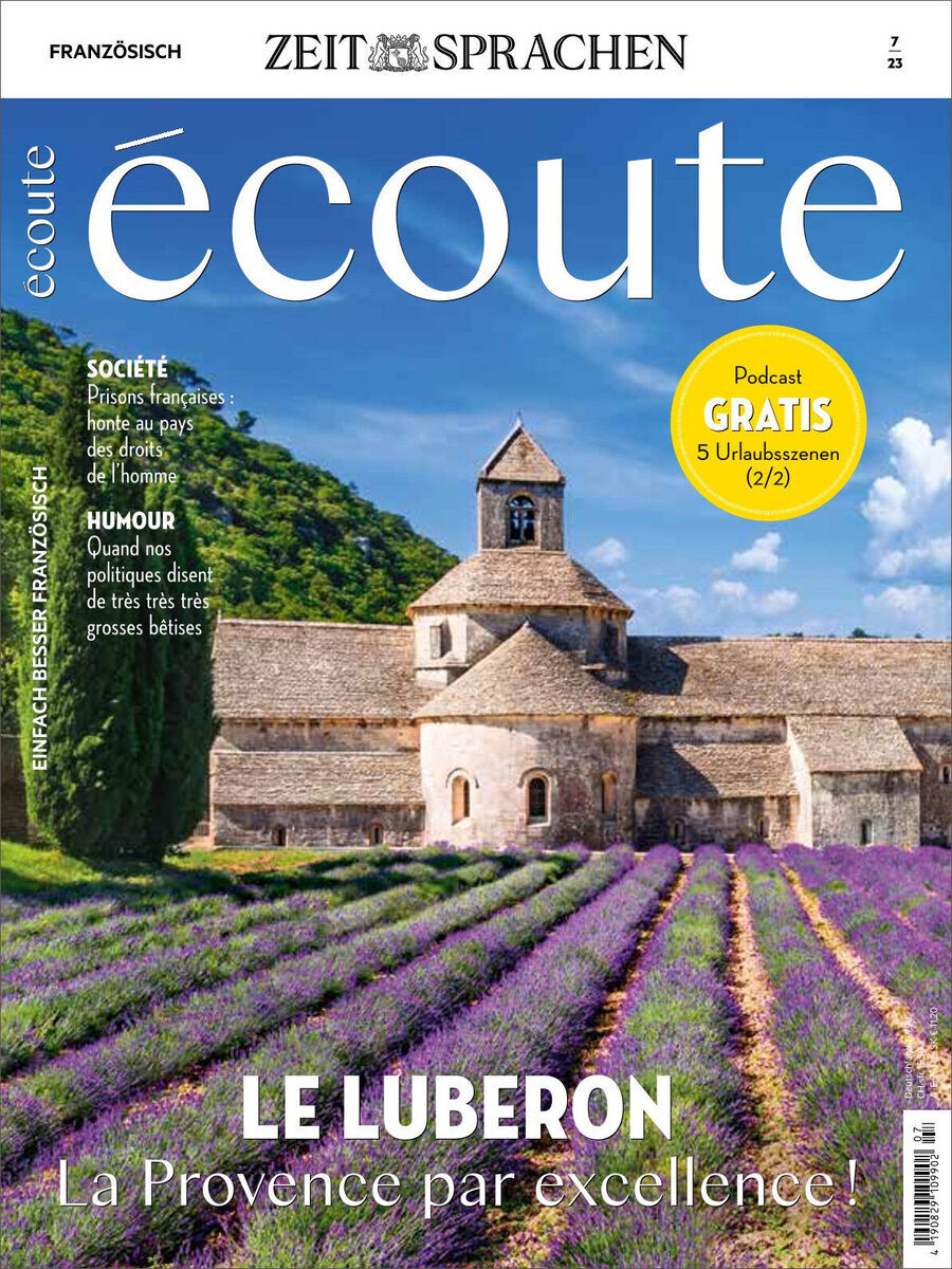 Cover des Écoute Magazins, Ausgabe Juli 2023, mit einem Foto der Abbaye de Sénanque in der Provence, umgeben von blühenden Lavendelfeldern, unter einem klaren blauen Himmel.