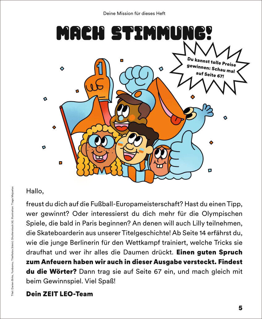 Ein Cover der Zeitschrift ZEIT LEO 4/24 mit dem Thema 'Spaß mit Sport'. Im Vordergrund sind bunte Illustrationen von Kindern mit sportlichen Accessoires zu sehen. Oben steht der Text 'Mach Stimmung!' und unten ein Gruß vom ZEIT LEO-Team.