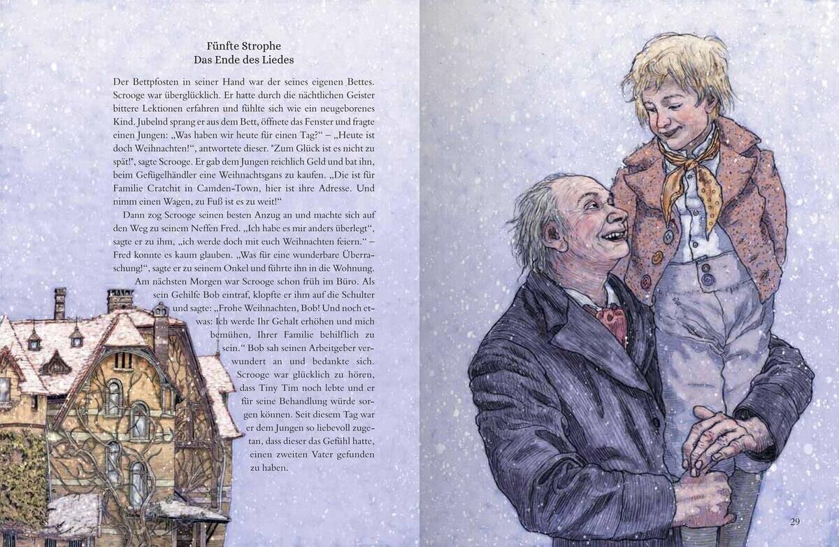 Eine Seite aus einem illustrierten Buch zeigt einen älteren Mann, der einen Jungen glücklich in die Höhe hält. Schnee fällt auf die Szene, die eine winterliche, weihnachtliche Stimmung vermittelt. Text ist auf der linken Seite des Bildes zu sehen.