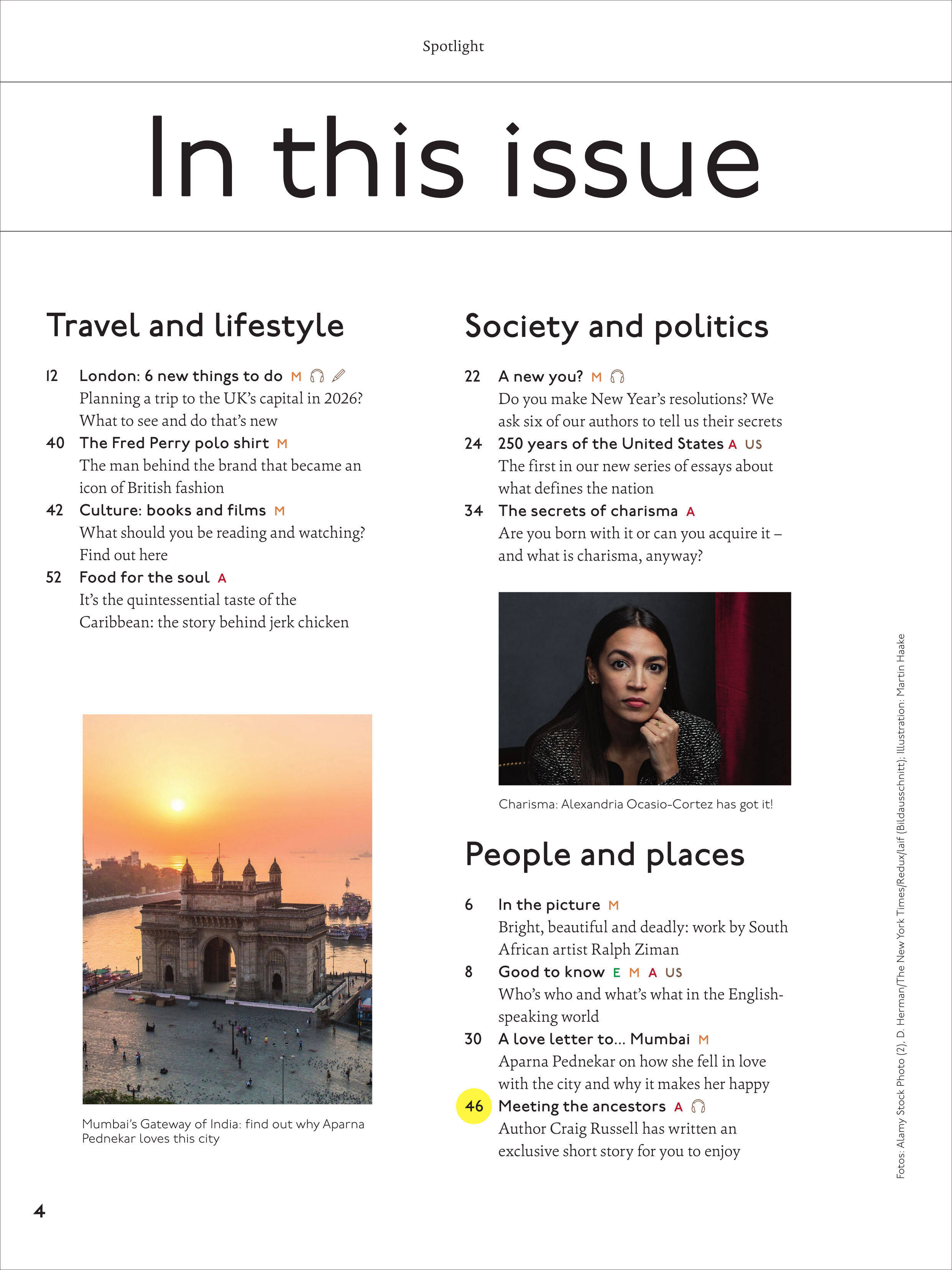 Magazinseite mit Themenübersicht in modernen, klaren Schriftarten auf weißem Grund. Links ein Farbfoto vom Gateway of India, rechts ein Porträt einer Frau. Die Rubriken umfassen Reise, Politik und Personen, ergänzt durch kurze Inhaltsbeschreibungen.