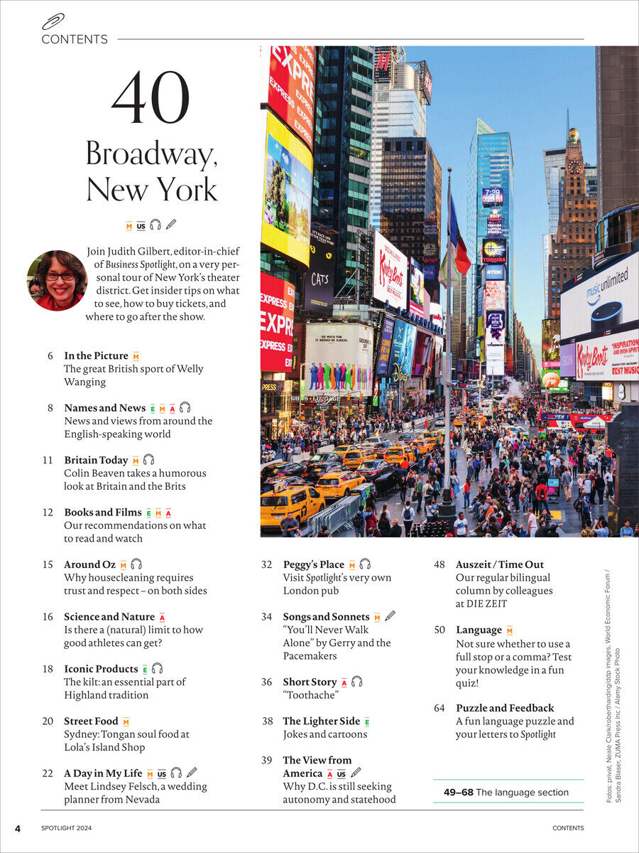Das Cover des Spotlight Magazins Ausgabe 09/2024 zeigt eine belebte Straßenszene aus Broadway, New York. Viele bunte Schilder und beeindruckende Hochhäuser dominieren das Bild. Das Titelthema der Ausgabe ist '40 Broadway, New York'.