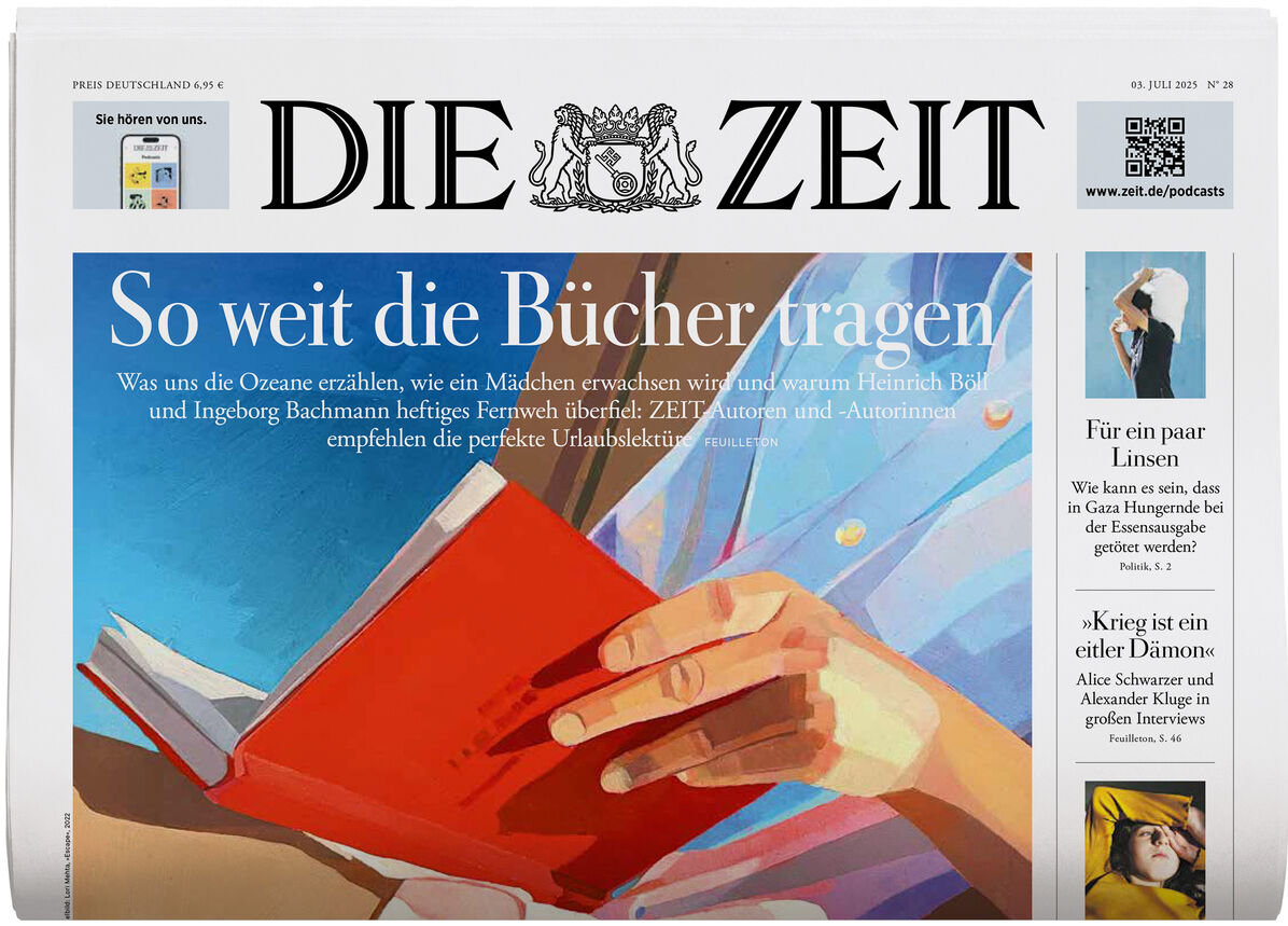 Titelblatt der deutschen Wochenzeitung DIE ZEIT Ausgabe 28/2025. Im Mittelpunkt eine farbenfrohe Illustration eines aufgeschlagenen roten Buches in Händen vor sommerlichem Hintergrund. Oben prangt der klassische Zeitungsname mit Wappen, daneben diverse Textausschnitte zu literarischen und gesellschaftlichen Themen.