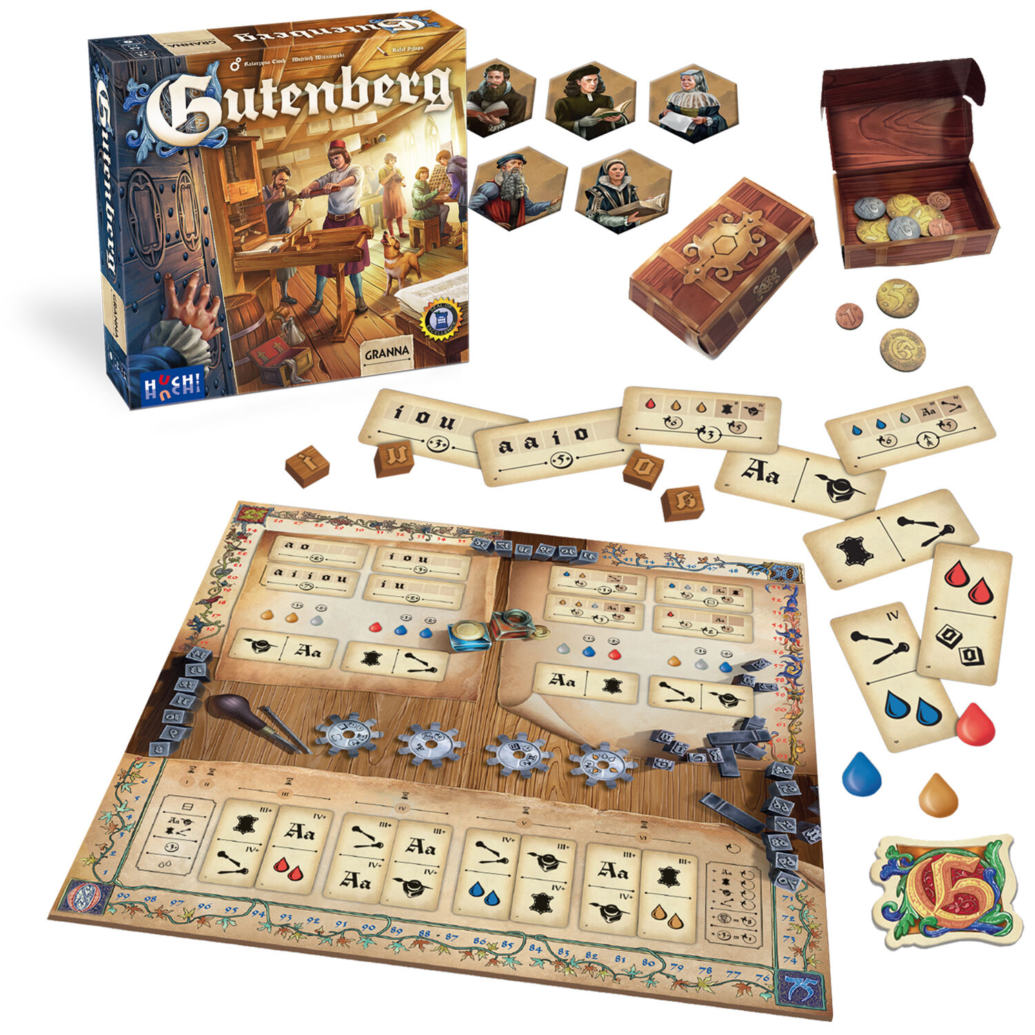 Abgebildet ist das Brettspiel »Gutenberg« mit Schachtel, offenem Spielbrett im Holzdesign, verschiedenen Spielkarten, Holzplättchen, Markern und Münzen. Zu sehen sind außerdem Spielfiguren und typisches Spielmaterial eines historischen Strategiespiels um den Buchdruck. Das gesamte Material ist farbenfroh und übersichtlich dargestellt.