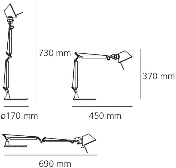 Technische Zeichnung der Artemide »Tolomeo Micro« Schreibtischlampe. Es zeigt die verschiedenen Einstellungen und Dimensionen der Lampe: Höhe 730 mm, Armlänge 450 mm, Gesamtlänge 690 mm, Basisdurchmesser 170 mm.