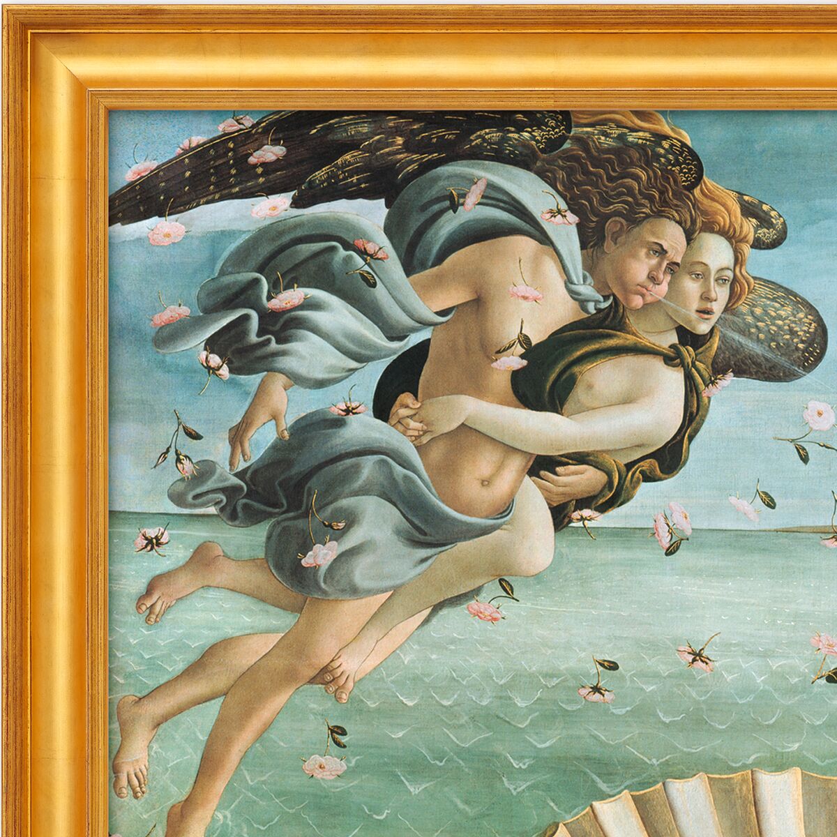 Ausschnitt eines berühmten Renaissance-Gemäldes von Sandro Botticelli: Im Zentrum eine fliegende weibliche Figur mit wehendem Gewand, daneben eine weitere Figur. Die Figuren werden von Blumen umgeben, der Hintergrund zeigt den Himmel und das Meer. Das Bild ist von einem goldfarbenen Rahmen umgeben.