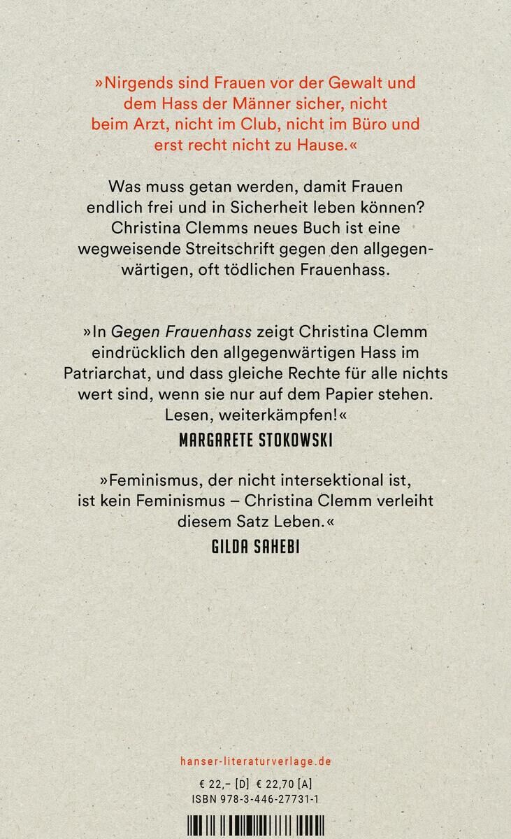 Buchdeckel des Buches "Gegen Frauenhass" von Christina Clemm mit Zitaten und Rezensionen von Margarete Stokowski und Gilda Sahebi auf beigefarbenem Hintergrund.