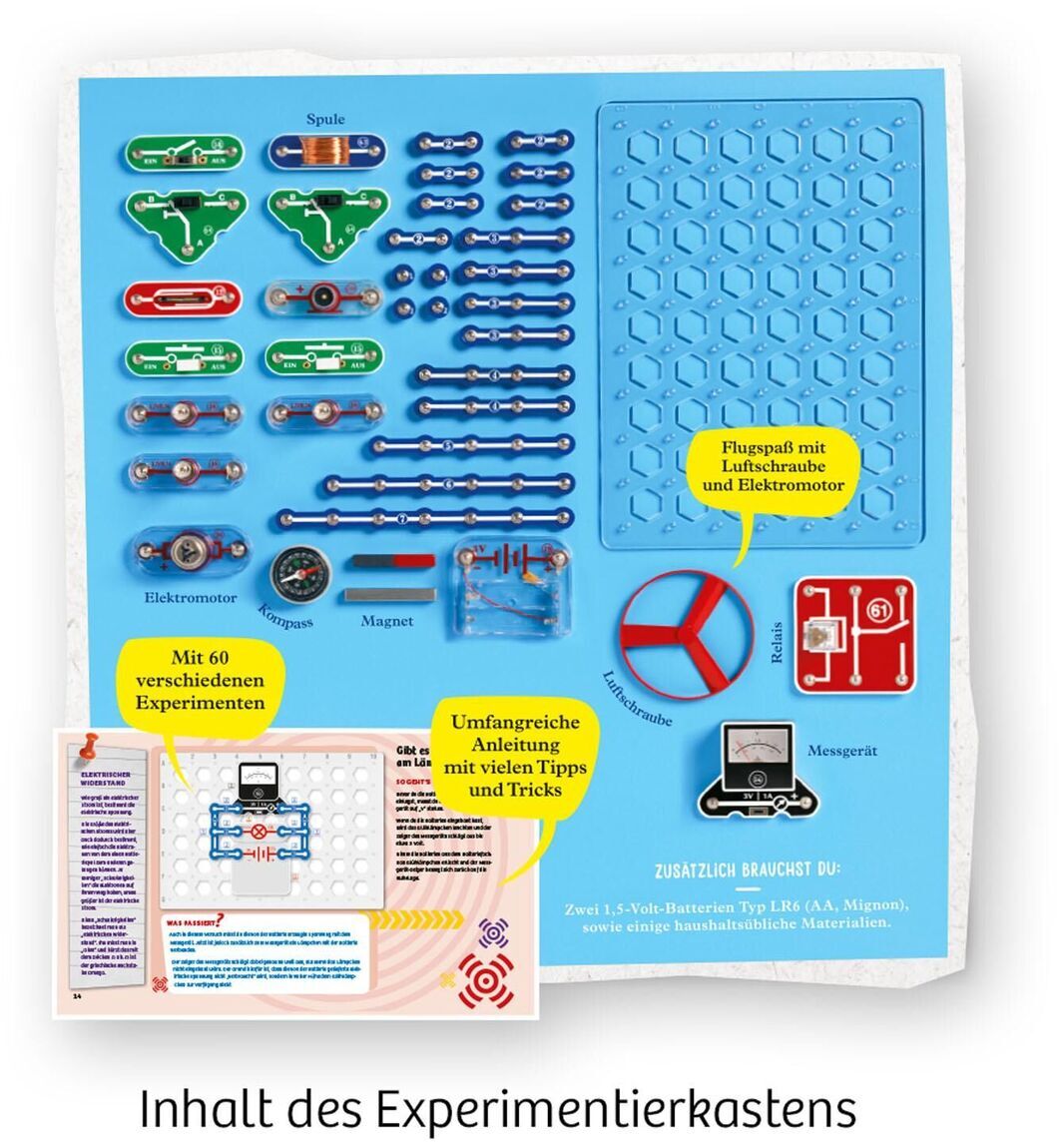 Bild des Produkts Easy Elektro - Start. Es zeigt einen Experimentierkasten, der verschiedene elektronische Komponenten wie Schaltkreise, Elektromotor, und Zubehör enthält. Die Verpackung ist farbenfroh mit Blau- und Rot-Tönen gestaltet und es ist eine umfangreiche Anleitung inkludiert.