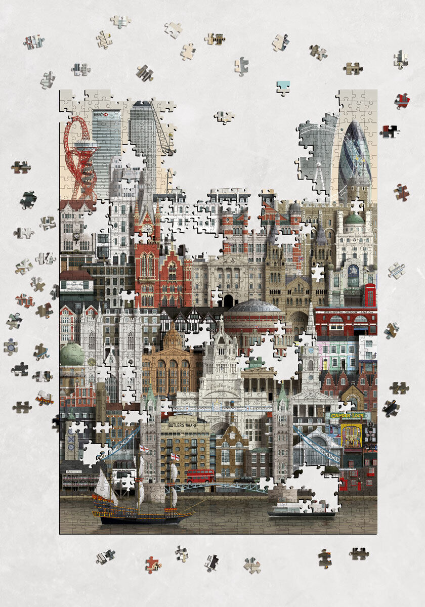Puzzle mit 1000 Teilen zeigt eine detaillierte Collage von London mit berühmten Wahrzeichen und Gebäuden. Das Puzzle hat einen hellen Hintergrund mit verstreuten Puzzle-Teilen am Rand.