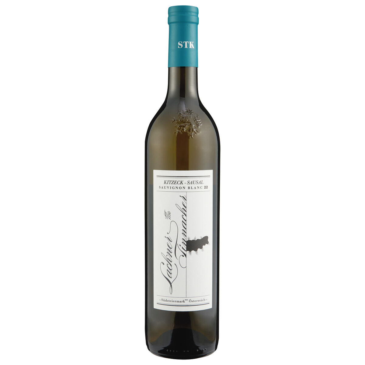 Eine elegante Weißweinflasche Sauvignon Blanc vom Weingut Lackner-Tinnacher aus Kitzeck-Sausal, Steiermark. Das Etikett ist weiß mit schwarzer und goldener Schrift, der Flaschenhals türkisfarben mit goldener Prägung und dem Schriftzug "STK".