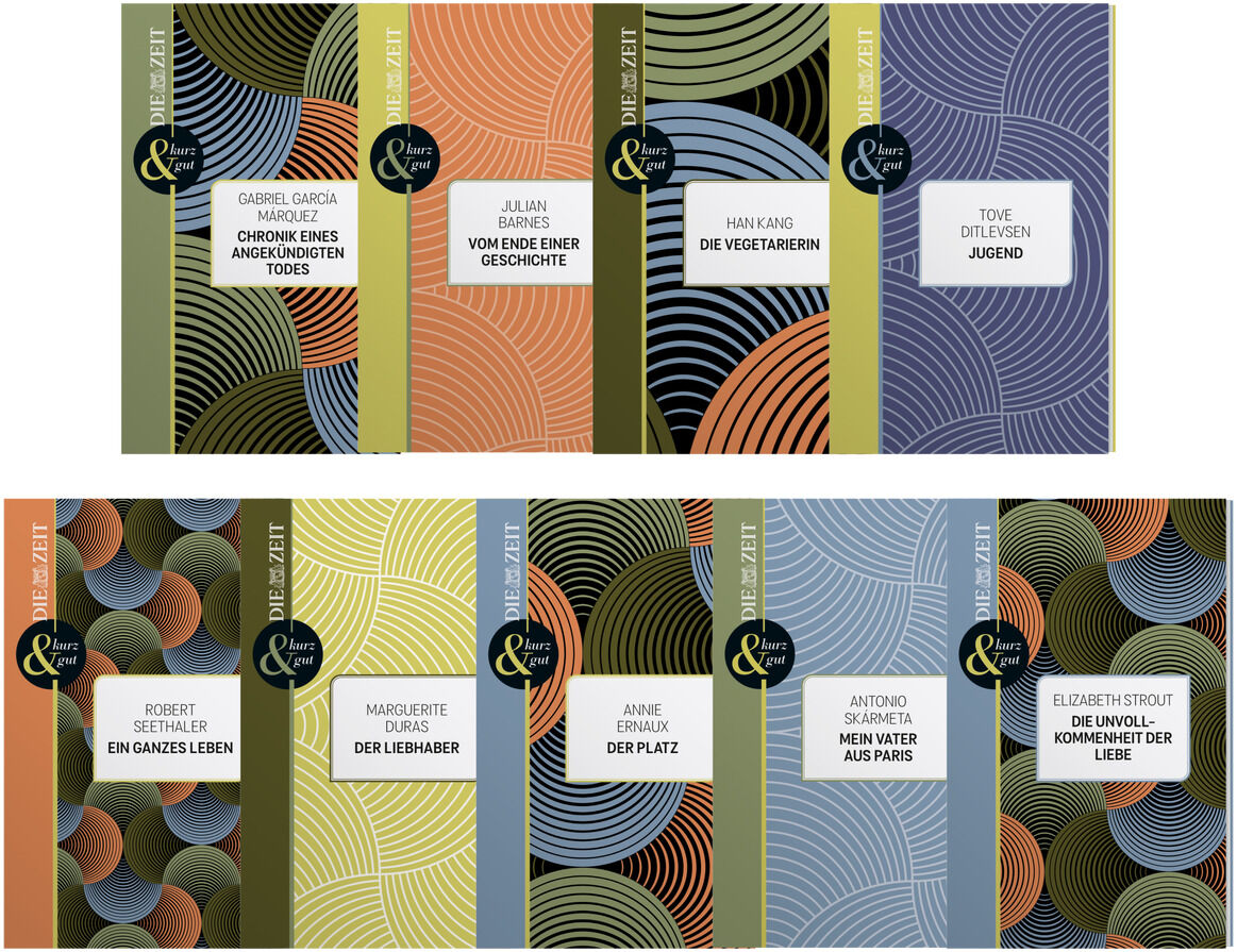 Die ZEIT-Edition »kurz & gut« besteht aus einer Sammlung von Büchern mit farbenfrohen Umschlägen in Blau, Grün, Orange, Beige, Schwarz und Grau. Jedes Buch ist elegant gestaltet und zeigt einen einzigartigen, stilisierten Kreismuster.