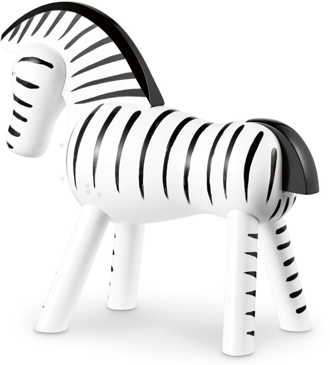 Holzfigur eines Zebras von Kay Bojesen. Das Zebra hat weiße und schwarze Streifen sowie eine weiße Grundfarbe mit schwarzen Details.