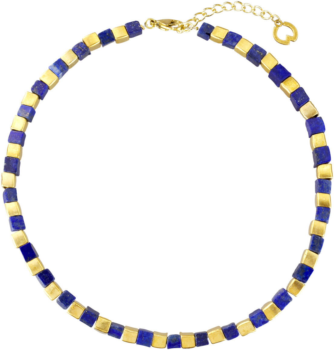 Das Bild zeigt das Petra Waszak Collier "Zeit-2026-08" der Marke Ars mundi. Die edle Kette besteht aus abwechselnd blau und gold glänzenden, quadratischen Perlen. Der Verschluss ist goldfarben und verfügt über eine Verlängerungskette mit rundem Anhänger. Hintergrund ist weiß.
