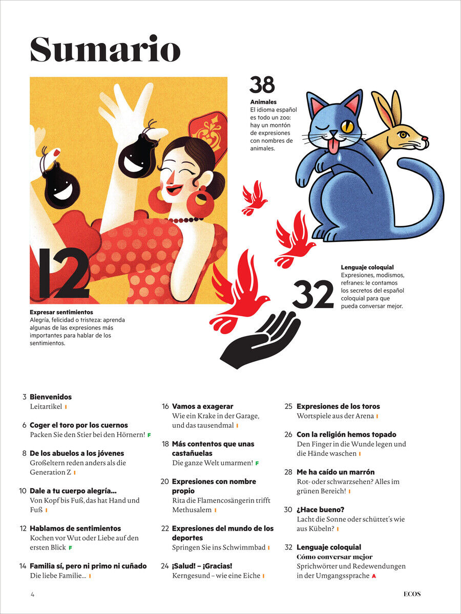 Eine bunte Seite aus der Zeitschrift 'Ecos Magazin 12/2024 Sonderausgabe' zeigt Illustrationen einer Frau mit Musiknoten und Tieren, zusammen mit einem handschriftlichen handförmigen Symbol. Der Text umfasst Themen für Spanisch Lernende.