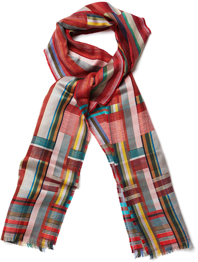 Ein bunter Seide-Leinen Schal mit gestreiftem Muster in Rot, Blau, Grün, Gelb und Weiß. Ideal für verschiedene Anlässe und Stilrichtungen.