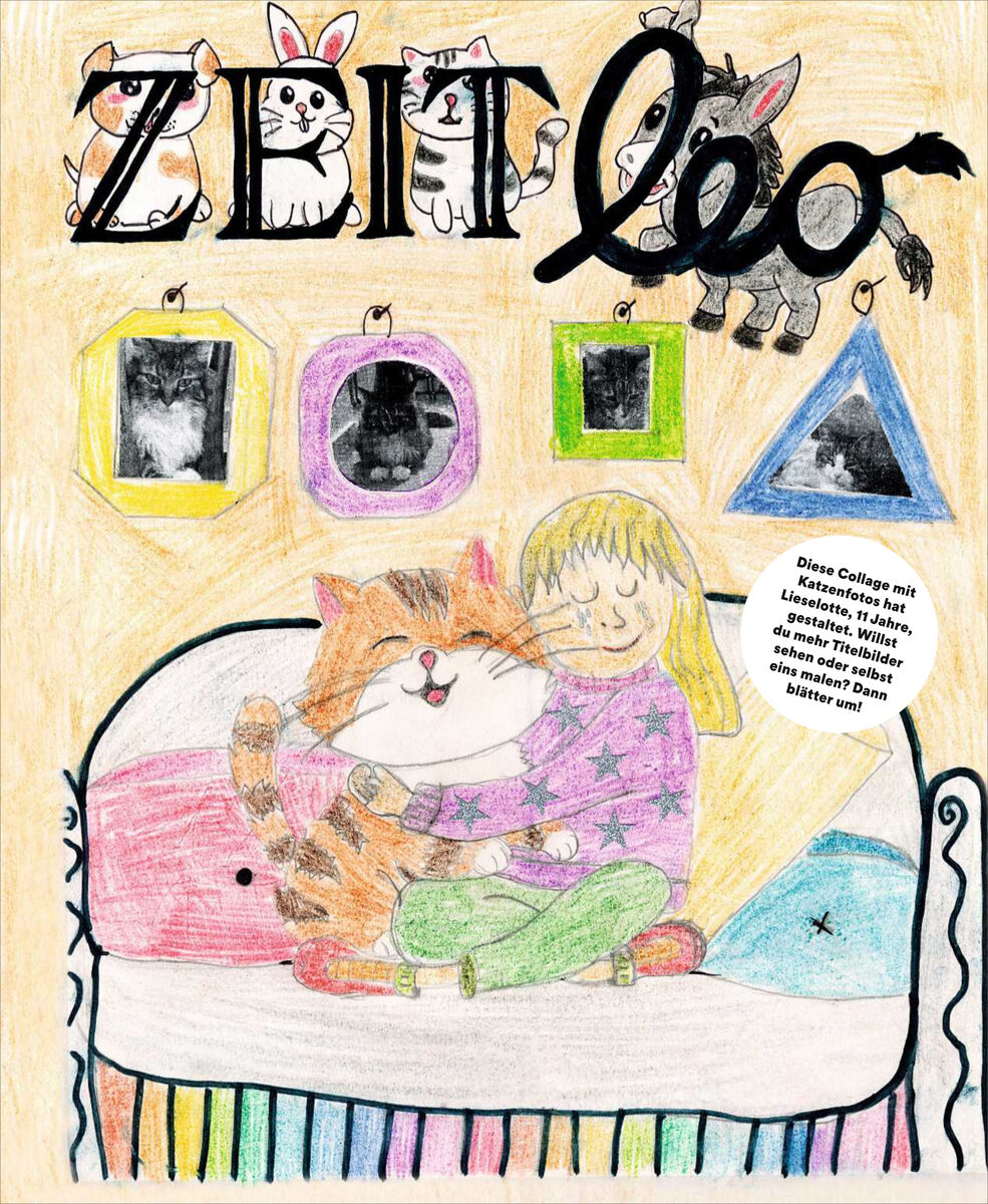 Bunt gezeichnetes Cover der ZEIT LEO Ausgabe 3/26. Ein Kind umarmt auf einem Sofa eine große, lächelnde Katze. Darüber dekorative, tierische ZEIT-LEO-Schrift. Drei Bilderrahmen hängen an der Wand. Unten Sticker mit Hinweis auf Lückentext und Bastelspaß.