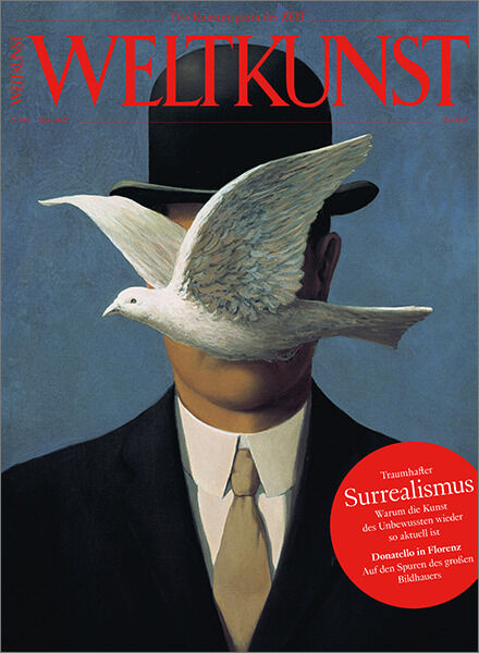 Das Cover des Magazins WELTKUNST zeigt einen surrealistischen Gemälde mit einem Mann in einem schwarzen Anzug und Melone, dessen Gesicht teilweise von einer fliegenden weißen Taube verdeckt wird. Der Titel 'WELTKUNST' und verschiedene Artikelankündigungen sind in Rot hervorgehoben.