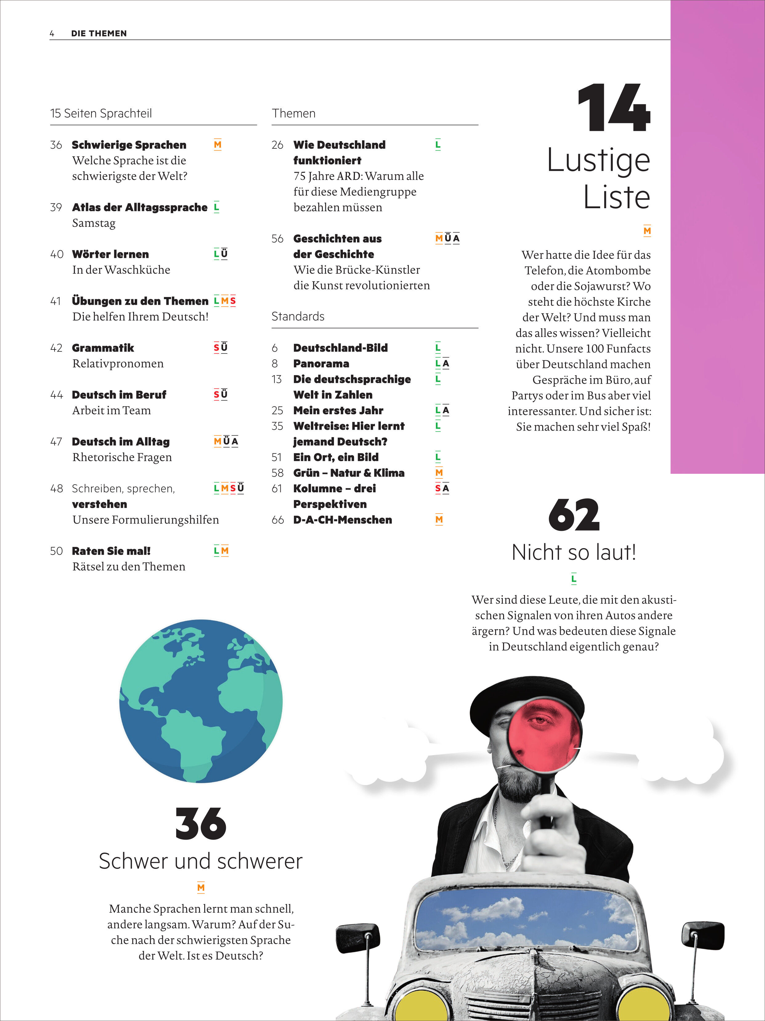Cover des 'Deutsch perfekt Magazin' Ausgabe 7/2025 mit Themenliste, mehrere Artikel-Titel, einer Weltkarte und einer schwarz-weiß Abbildung eines Mannes mit Hut und aufgeklebtem Schnurrbart, der eine rosa Sprechblase hält. Das Layout ist modern und informativ gestaltet.