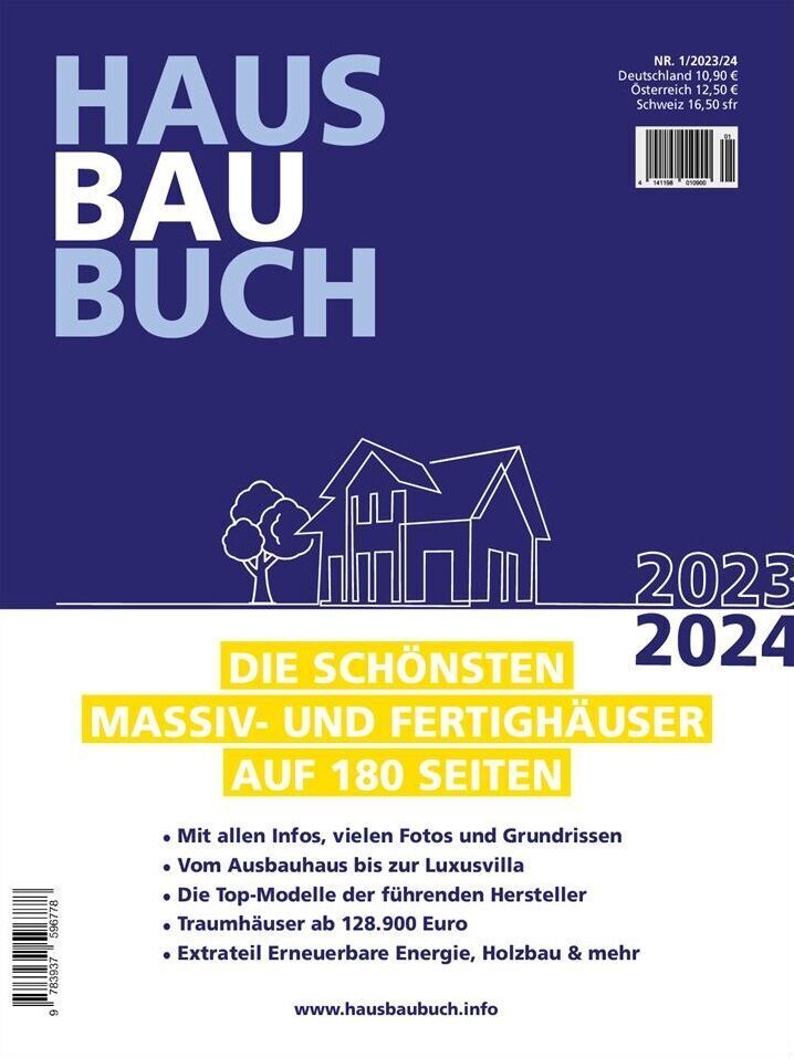 Buchcover des Hausbaubuchs 2023/24. Das Cover ist in Blau mit weißem Text gestaltet. Oben steht 'Hausbaubuch', darunter eine Skizze eines Hauses. Gelbes Banner: 'Die schönsten Massiv- und Fertighäuser auf 180 Seiten'. Informationstext und QR-Code im unteren Teil des Covers.