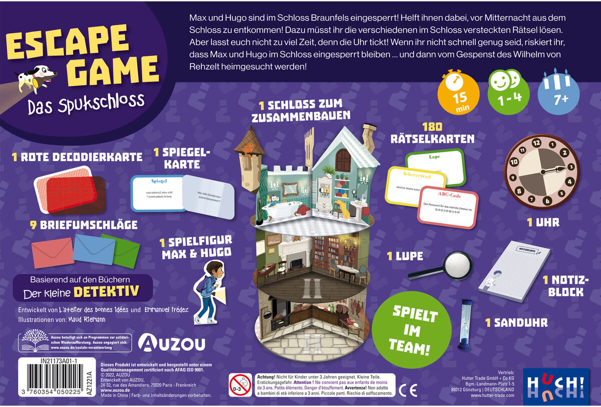 Verpackung des Spiels 'Escape Game - Das Spukschloss' von HUCH!, zeigt ein Spukschloss mit herausfordernden und spannenden Rätseln für Gruppen. Enthält Bildbeschreibungen und textliche Details zum Spielinhalt.