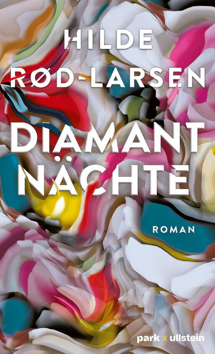 Buchcover von 'Diamantnächte' von Hilde Rød-Larsen. Das Design ist abstrakt und farbenfroh mit den Farben Rot, Weiß, Rosa, Blau, Gelb und Grün.