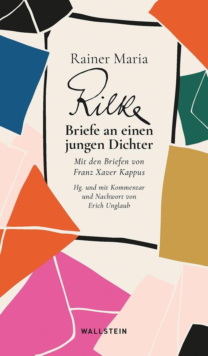 Das Buchcover von 'Briefe an einen jungen Dichter' von Rainer Maria Rilke zeigt einen Hintergrund aus verschiedenen bunten Fensterrahmen in hellpink, orange, dunkelgrün, hellbeige, schwarz und weiß. Der Titel und der Autorenname stehen in schwarzer Schrift in der Mitte des Covers.