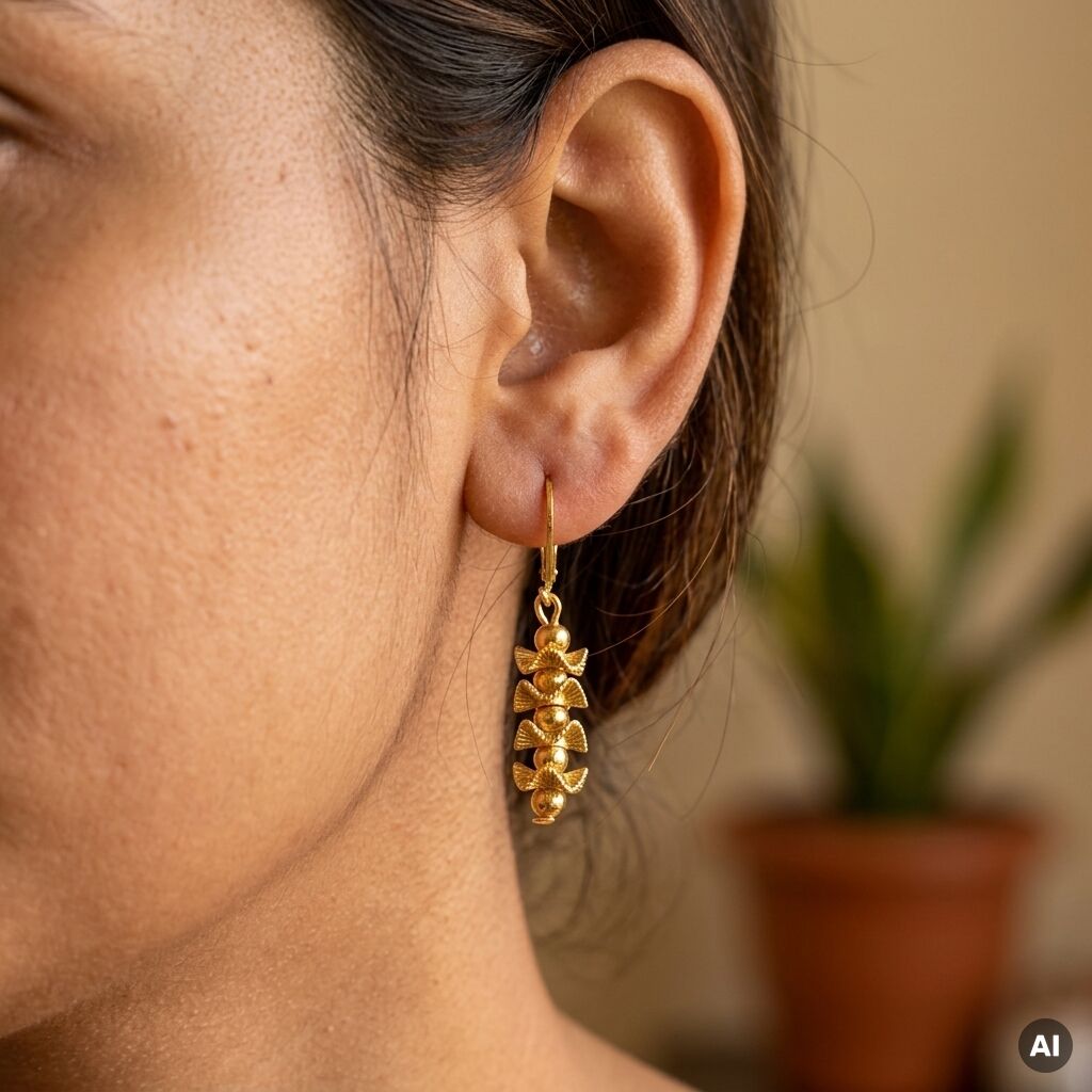 Detailaufnahme eines goldenen Ohrhängers aus dem Schmuckset »Golden Belle« von Ars mundi, getragen am Ohr einer Frau. Der Ohrhänger zeigt ein filigranes, fächerartiges Design, im Hintergrund eine Pflanze in einem Tontopf, ruhige Atmosphäre.