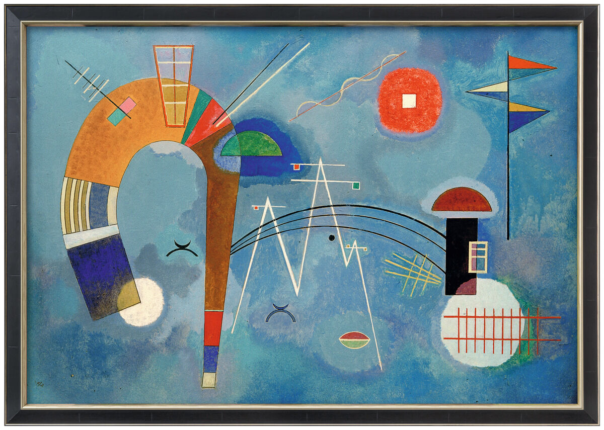 Eine abstrakte Malerei von Wassily Kandinsky mit dem Titel »Rund und Spitz«, 1930. Das Bild besteht aus geometrischen Formen, Linien und lebendigen Farben wie Blau, Rot, Grün, Gelb, Weiß und Schwarz auf einem blauen Hintergrund.