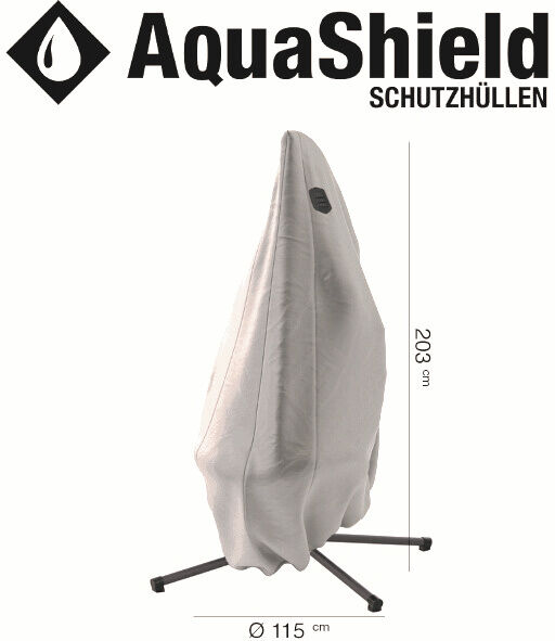 Große, hellgraue Schutzhülle für Gartenmöbel mit den Maßen 203 cm Höhe und 115 cm Durchmesser, auf einem Gestell präsentiert. Oben das Aquashield-Logo und die Bezeichnung Schutzhüllen, neutraler Hintergrund.