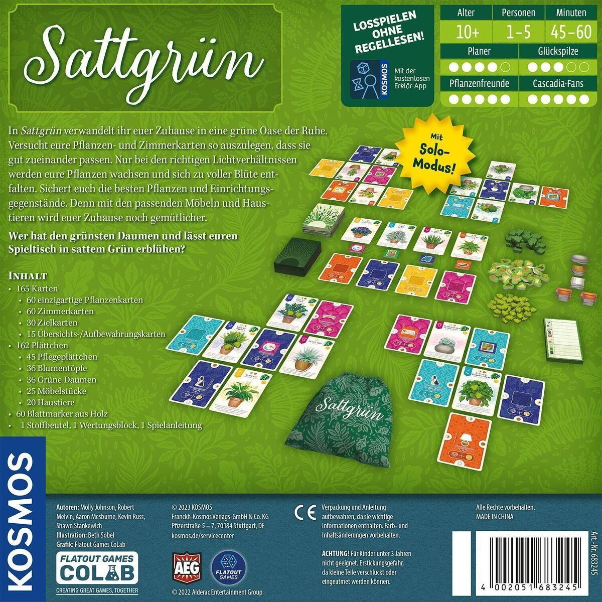 Brettspiel Sattgrün von Kosmos, geeignet für 1-5 Spieler ab 10 Jahren, Spieldauer 45-60 Minuten. Das Spiel enthält farbenfrohe Karten mit Pflanzenmotiven, Spielpläne und weiteres Zubehör.
