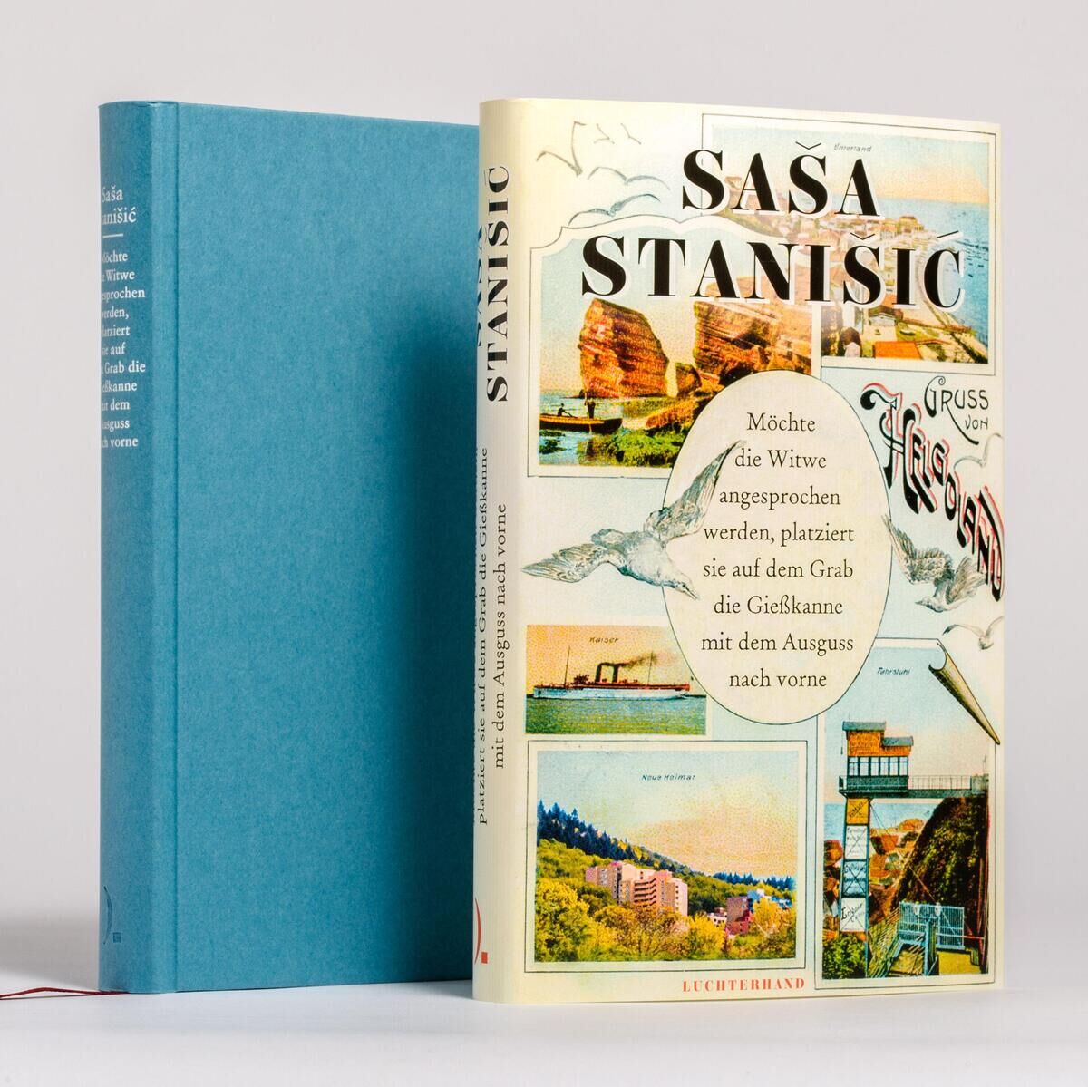 Ein Buch von Saša Stanišić mit dem Titel 'Möchte die Witwe angesprochen werden, platziert sie auf dem Grab die Gießkanne mit dem Ausguss nach vorne'. Das Cover zeigt verschiedene illustrative Bilder.