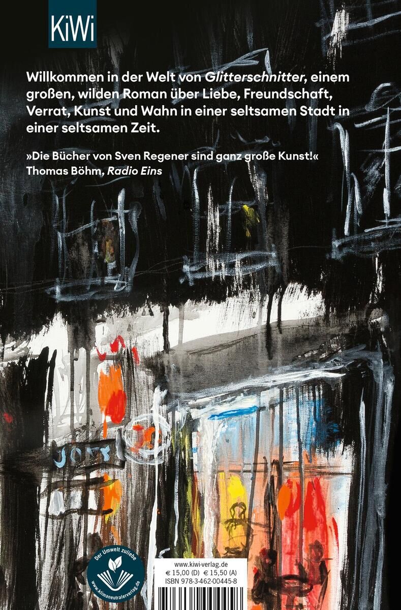 Rückseite des Buches 'Glitterschnitter' von Sven Regener, mit abstraktem Stadtbild in Schwarz, Weiß, Rot und Orange. ISBN und Preis sind unten sichtbar. Ein Zitat von Thomas Böhm, Radio Eins, ist ebenfalls abgedruckt.