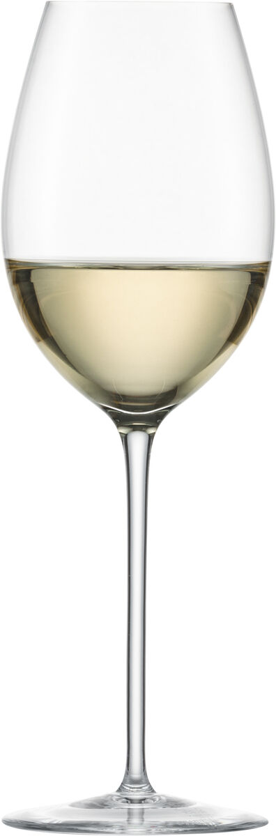 Ein einzelnes Weißweinglas aus dem 2er-Set »Enoteca«, gefüllt mit Weißwein. Das Glas steht aufrecht und hat einen eleganten Stiel. Es ist teils gefüllt mit einem hellgoldenen Wein.