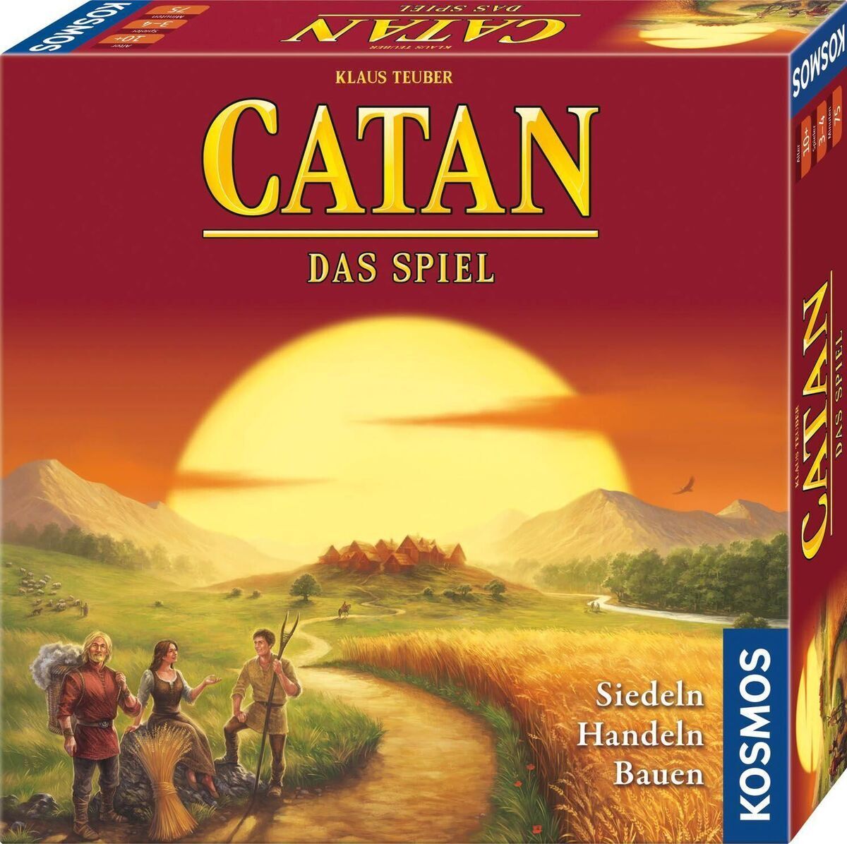 Die Spielbox von CATAN - Das Spiel, illustriert mit einer ländlichen Sonnenuntergangsszene. Der Titel ist in großen, gelben Buchstaben auf rotem Hintergrund zu sehen. Unten sieht man drei Figuren: einen Bauern, eine Frau und einen Mann, die eine Straße entlanggehen. Am unteren Rand des Bildes steht 'Siedeln, Handeln, Bauen' in weißen Buchstaben auf blauem Hintergrund.