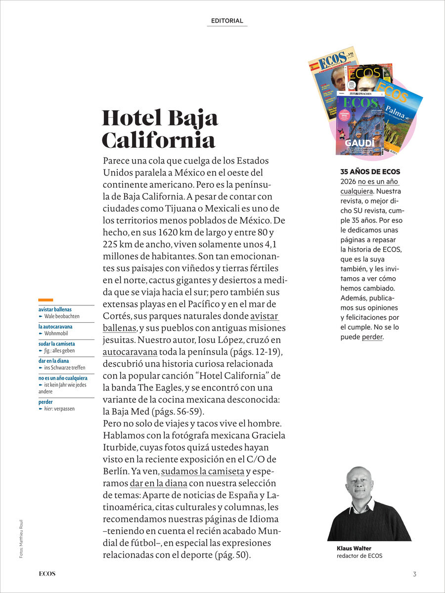 Editorialseite des Ecos Magazins 10/2026 von Spotlight Verlag. Oben rechts sind vier bunte Magazincover übereinander abgebildet. Haupttext mit Überschrift 'Hotel Baja California' behandelt die geographischen und kulturellen Besonderheiten der Baja California. Am Rand ist ein Autorenfoto mit Namenszeile.