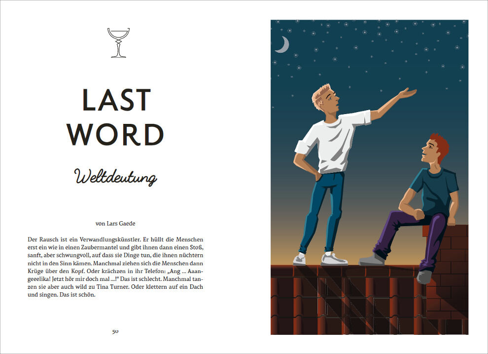 Abbildung einer Seite aus dem Buch 'Drinks für jede Lebenslage'. Links ist ein Text mit dem Titel 'LAST WORD' und darunter 'Weltdeutung'. Rechts eine Illustration zweier Personen auf einem Dach bei Nacht, eine steht und deutet auf den Sternenhimmel, die andere sitzt. Der Hintergrund ist dunkelblau mit Sternen.