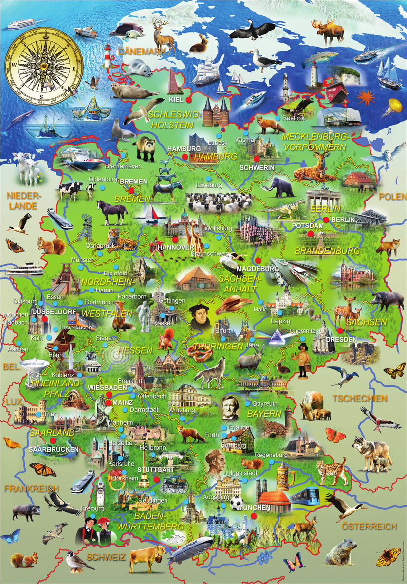 Eine bunte illustrierte Landkarte von Deutschland mit verschiedenen Tieren, Sehenswürdigkeiten und geographischen Elementen. Die Karte zeigt verschiedene Bundesländer und ist mit zahlreichen kindgerechten Zeichnungen versehen.
