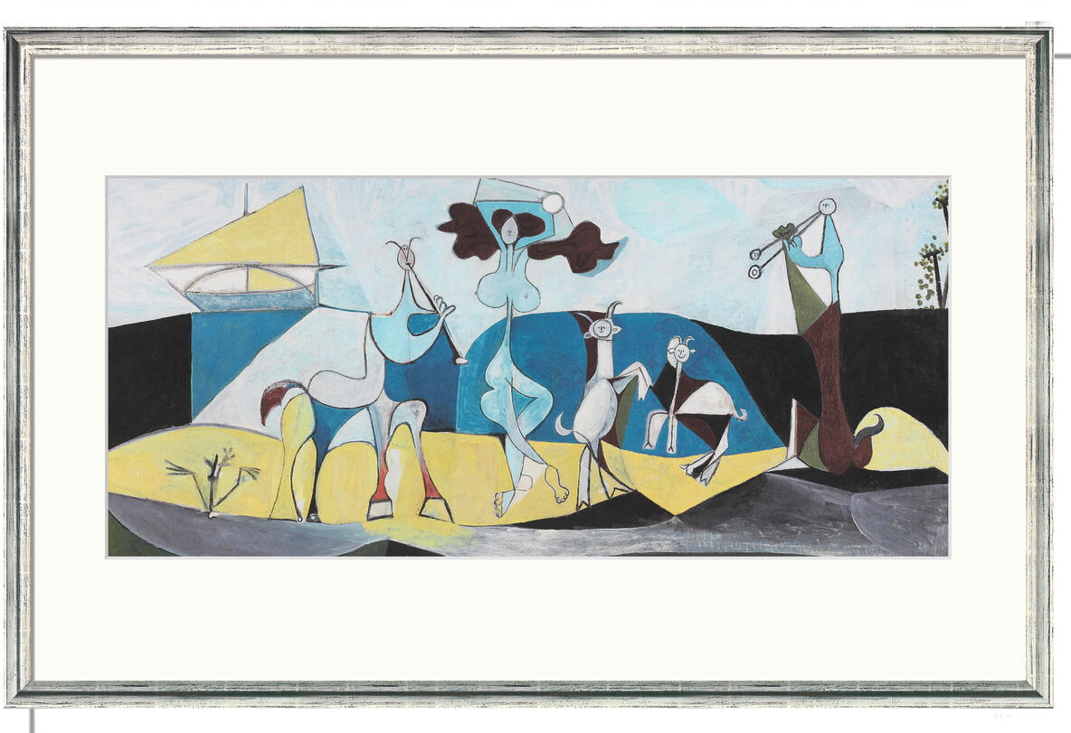 Das Bild "Die Freude des Lebens" von Pablo Picasso (1946) zeigt abstrakte, tänzerische Figuren in lebhaften Farben wie Gelb, Blau und Grün. Im Hintergrund geometrische Formen, eine flötespielende, langgestreckte Figur und dynamische Bewegungen. Das Werk ist eingerahmt.